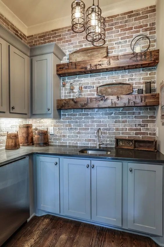 Farmhouse Kitchen Brick Backsplash 49