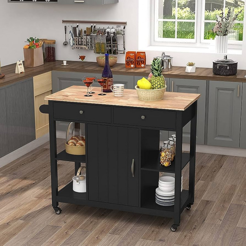 ChooChoo Kitchen Islands on Wheels with Wood Top, Utility Wood Movable  Kitchen Cart with Storage and Drawers, Black