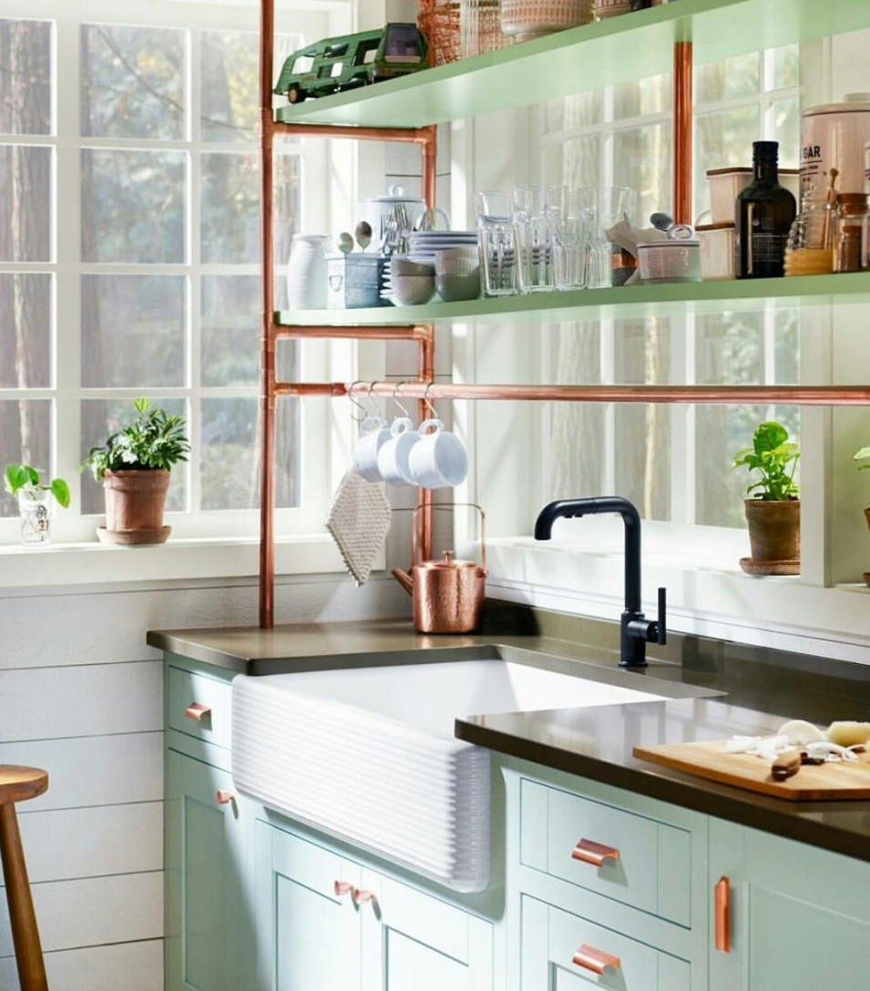 Copper mint green and white kitchen #mint #copper