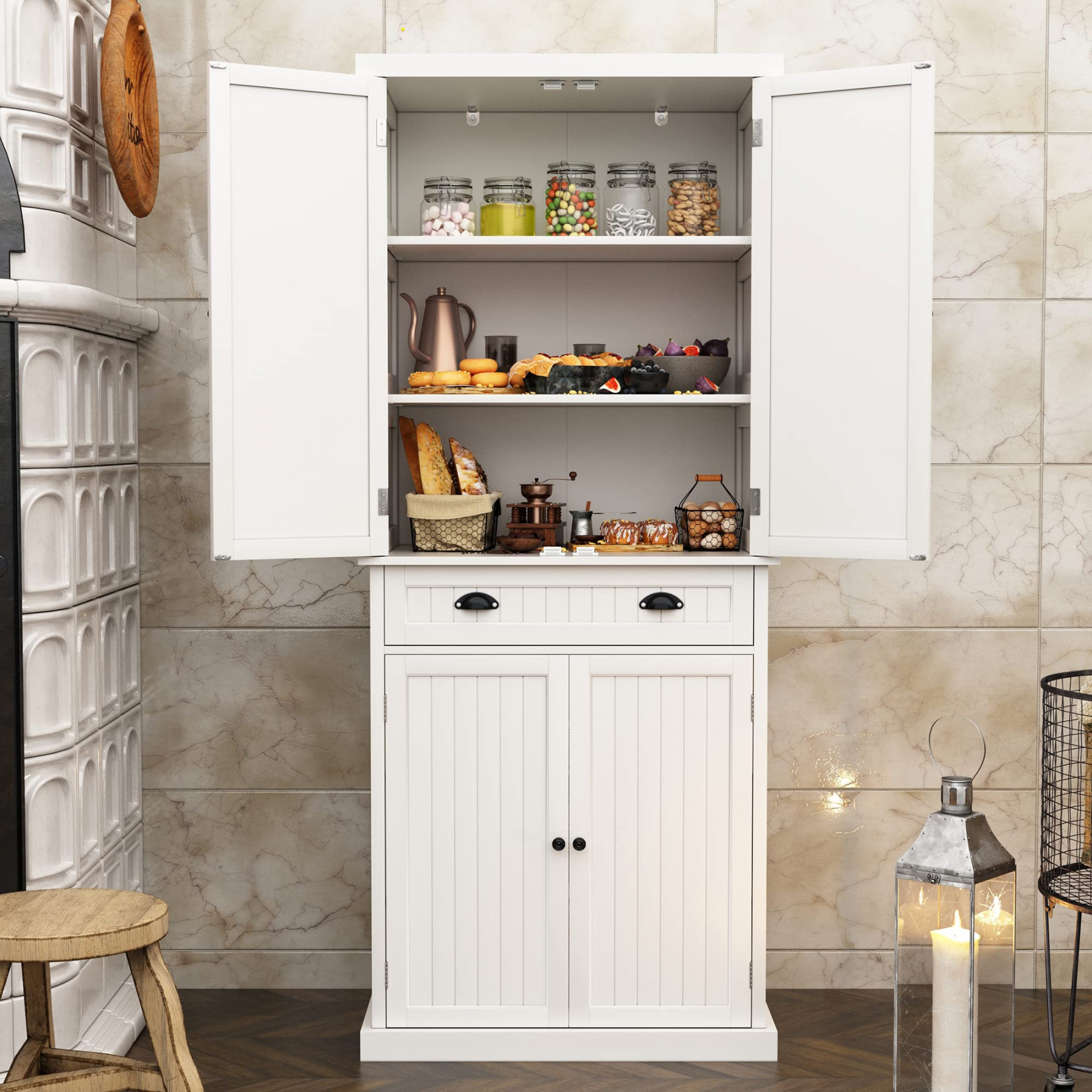 HLR Freestanding Kitchen Pantry Storage Cabinet with Adjustable Shelves,  Black Pantry Cabinet for Kitchen, Living Room and Dining Room,White