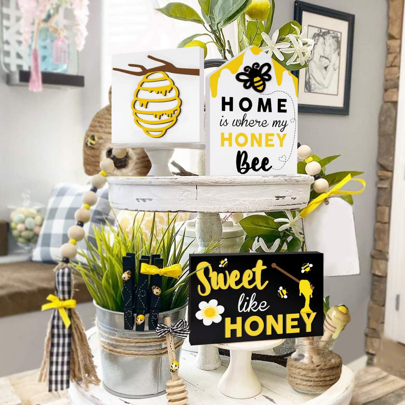 Huray Rayho Honey Bee Tier Decor Bumble Bee Shelf Seater Wooden Signs  Bundle Black & White Rustic Farmhouse Decor Spring Summer Rae Dunn Inspired  Free