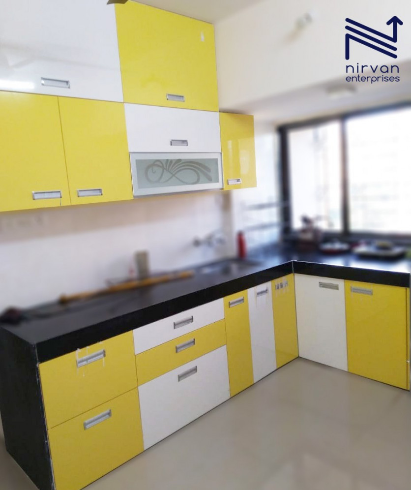 Modern Wooden Small L Shape Yellow Modular Kitchen