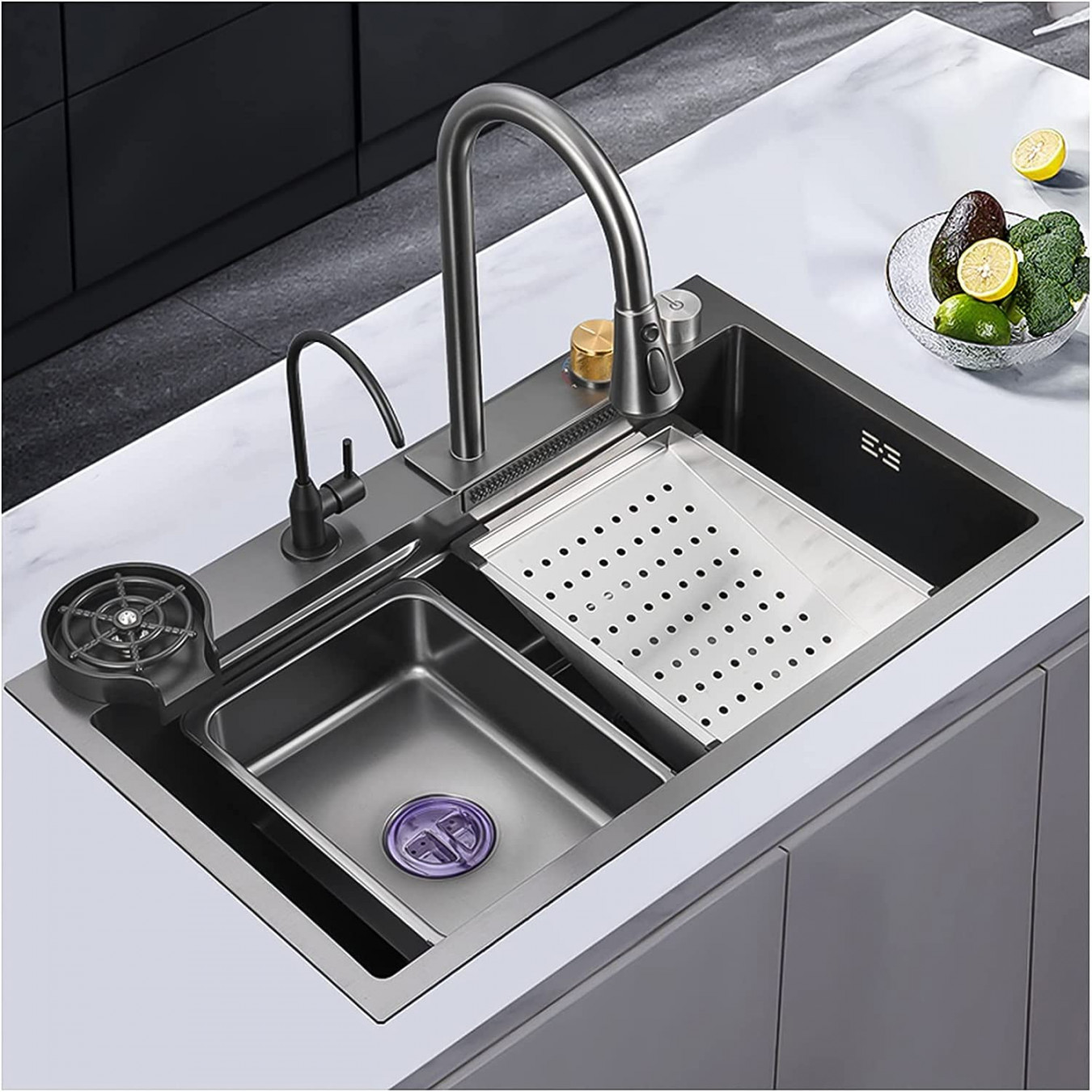 Single Bowl Kitchen Sink, Stainless Steel Waterfall Sink, Bar Sink,   Stainless Steel, with Sink with Cup Dishwasher, Drop-In-Top or Under-Mount,