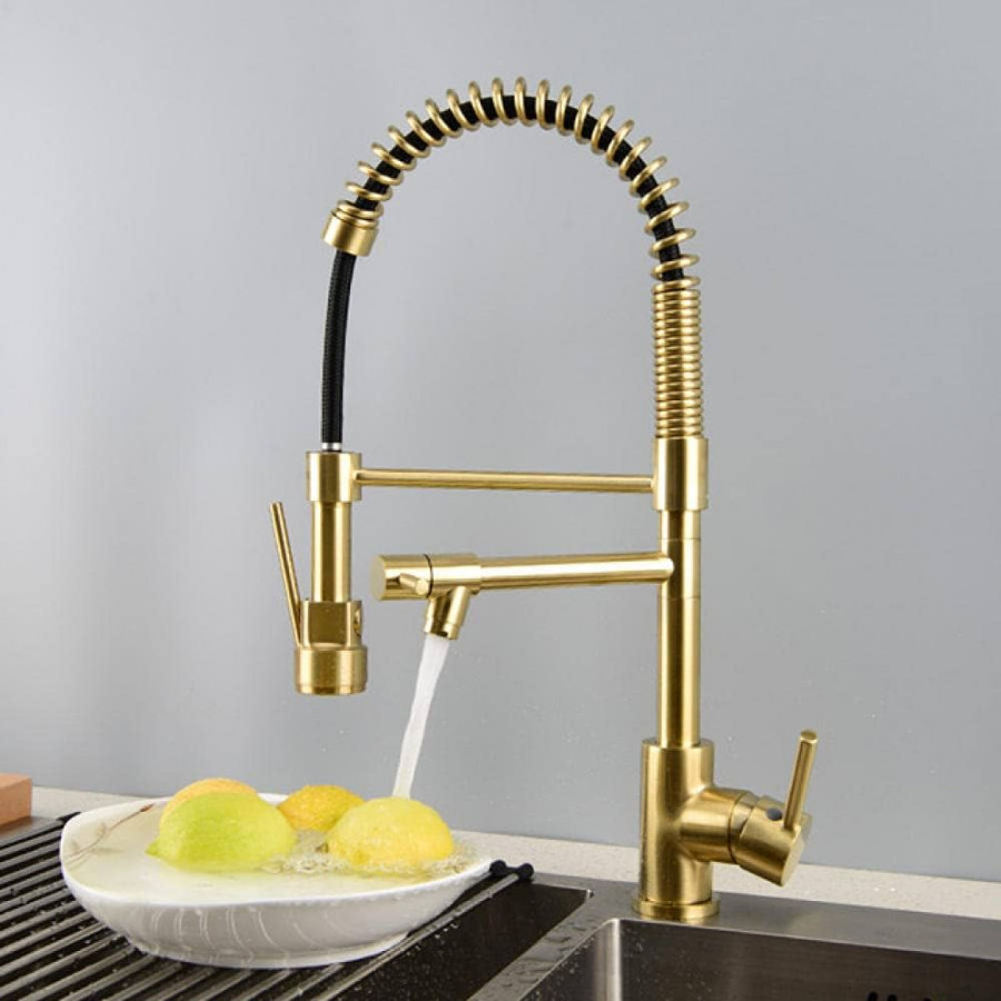 Brushed Gold Kitchen Tap Brass Drop Down Sink Mixer Tap Single Lever Hot  and Cold Crane Spring Type Black Brushed Gold Faucet Kitchen Tap Kitchen