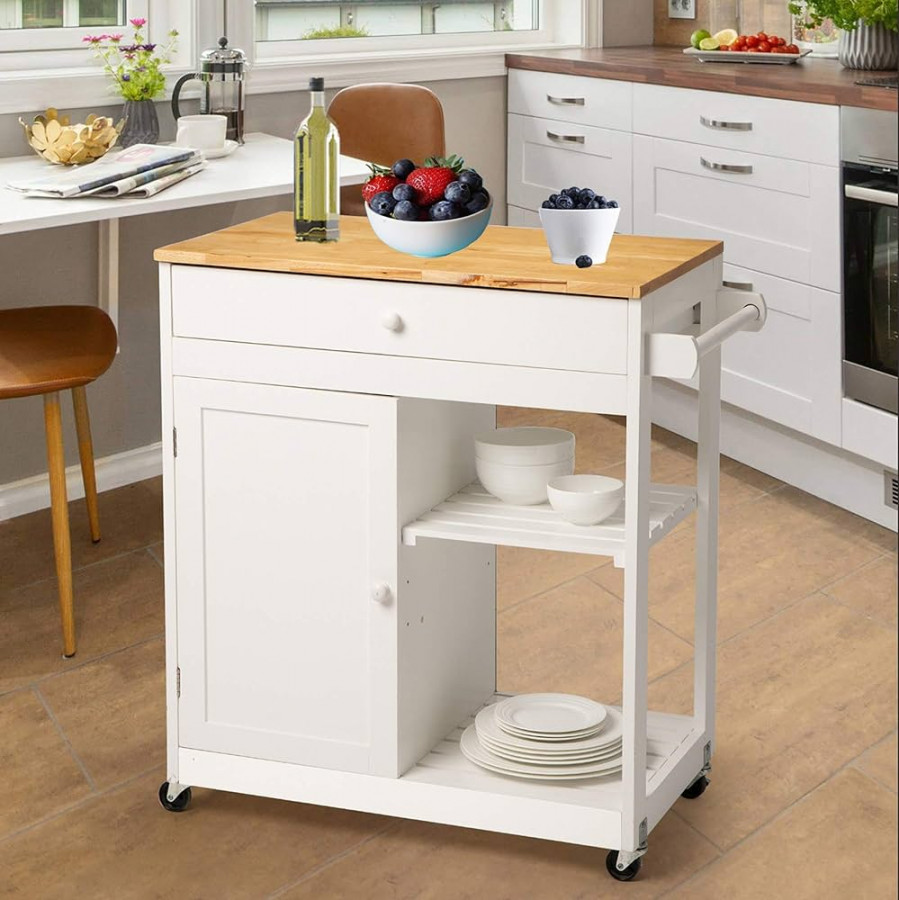 glitzhome Island on Wheels Rolling Kitchen Cart with Storage, Wood