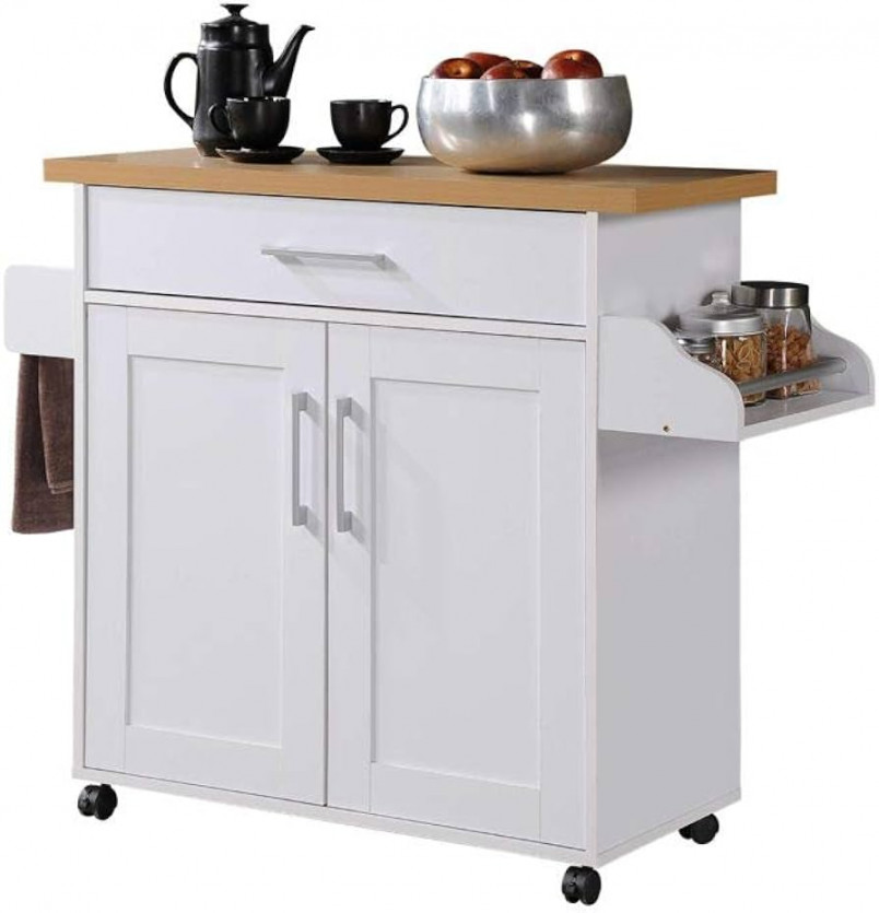 Hodedah Kitchen Island with Spice Rack, Towel Rack & Drawer, White with  Beech Top . x 3.-. x 3