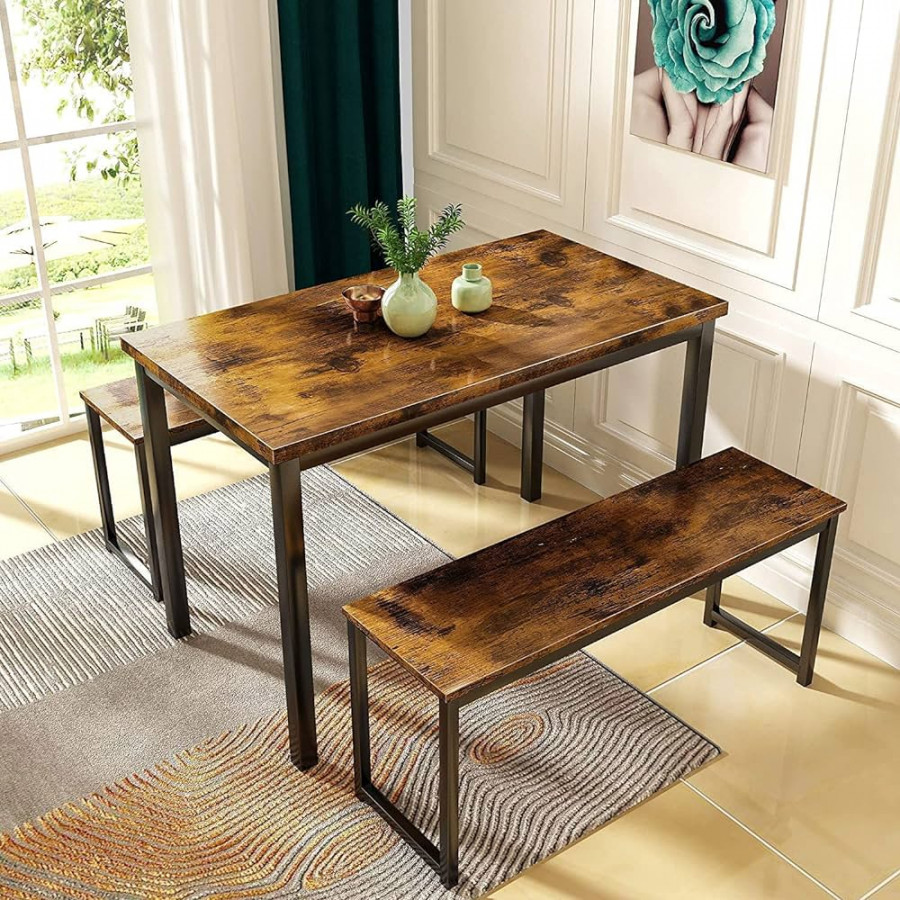 HOOSENG Dining Table Set, Retro Kitchen Table with  Benches for