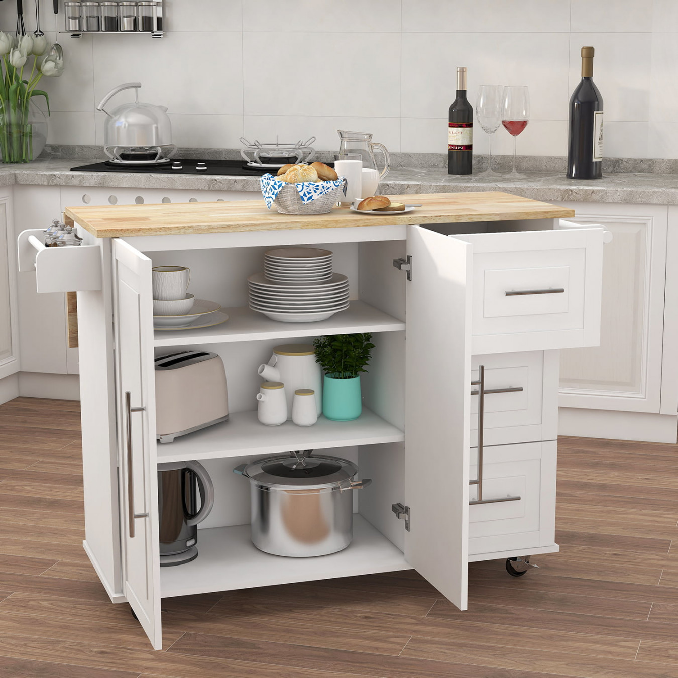 Kitchen Cupboard Table with Drawers and Cabinets, Wood Convertible