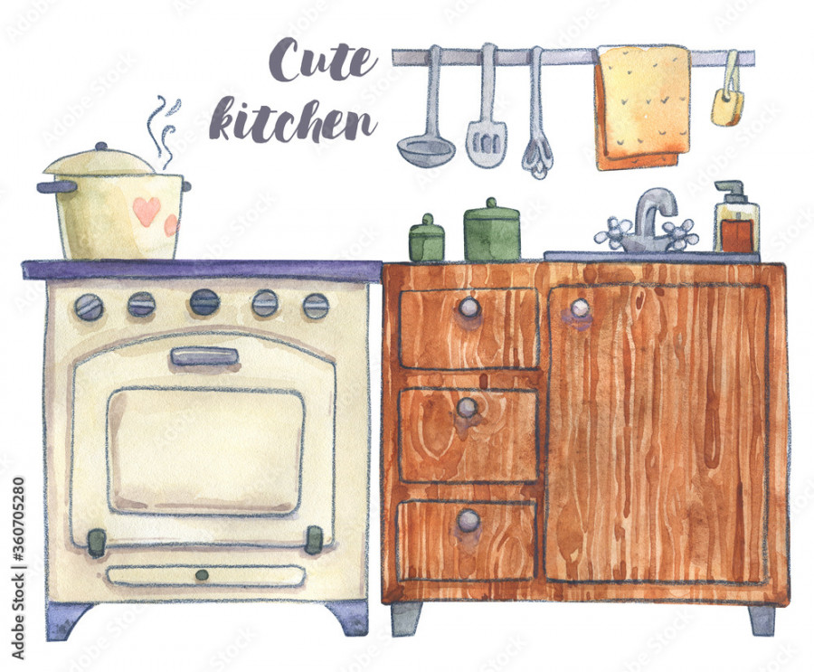 Kitchen stove cabinet washing cooking drawing illustration