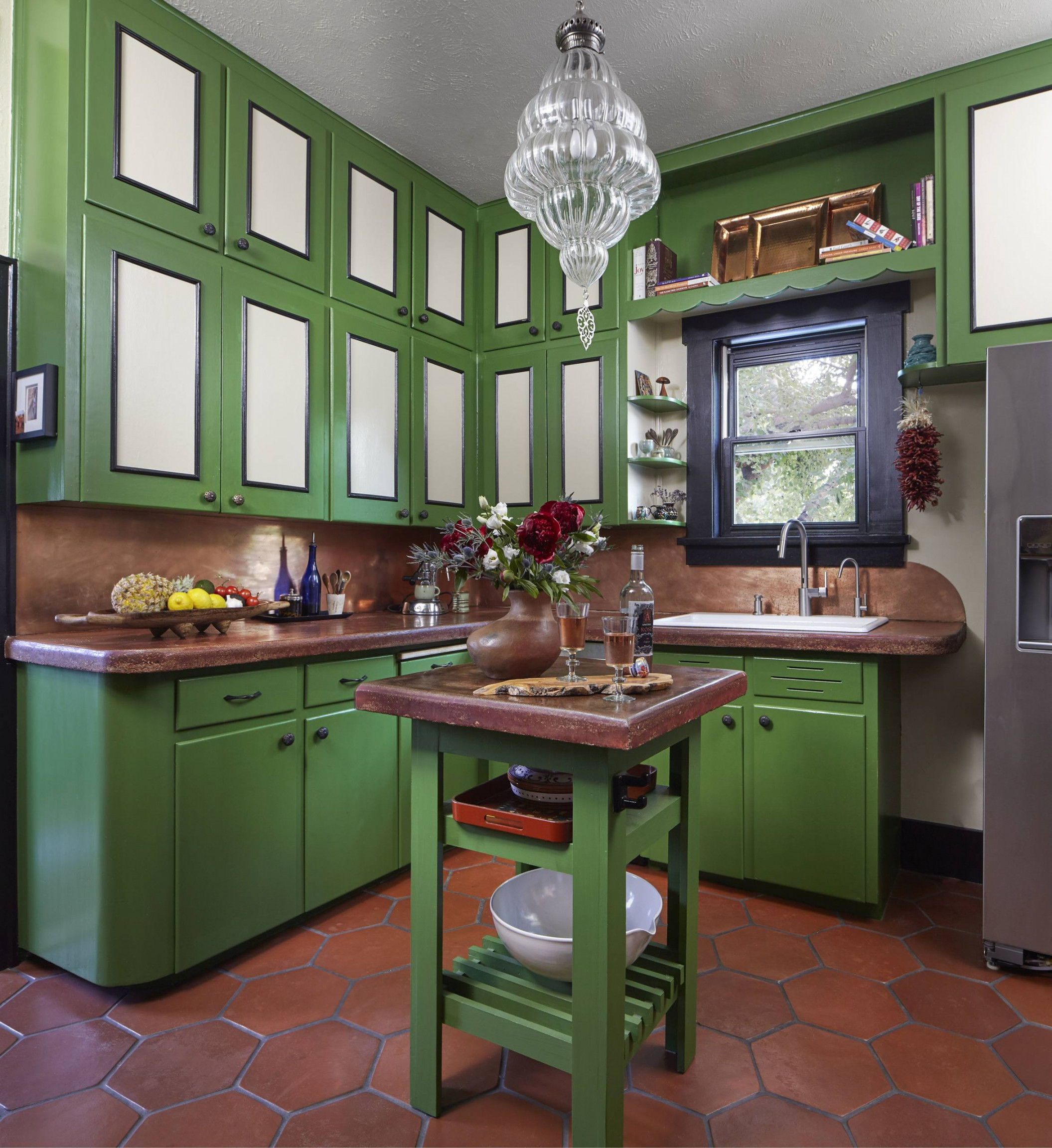 Kitchen with Green Cabinets and Brown Backsplash Ideas You