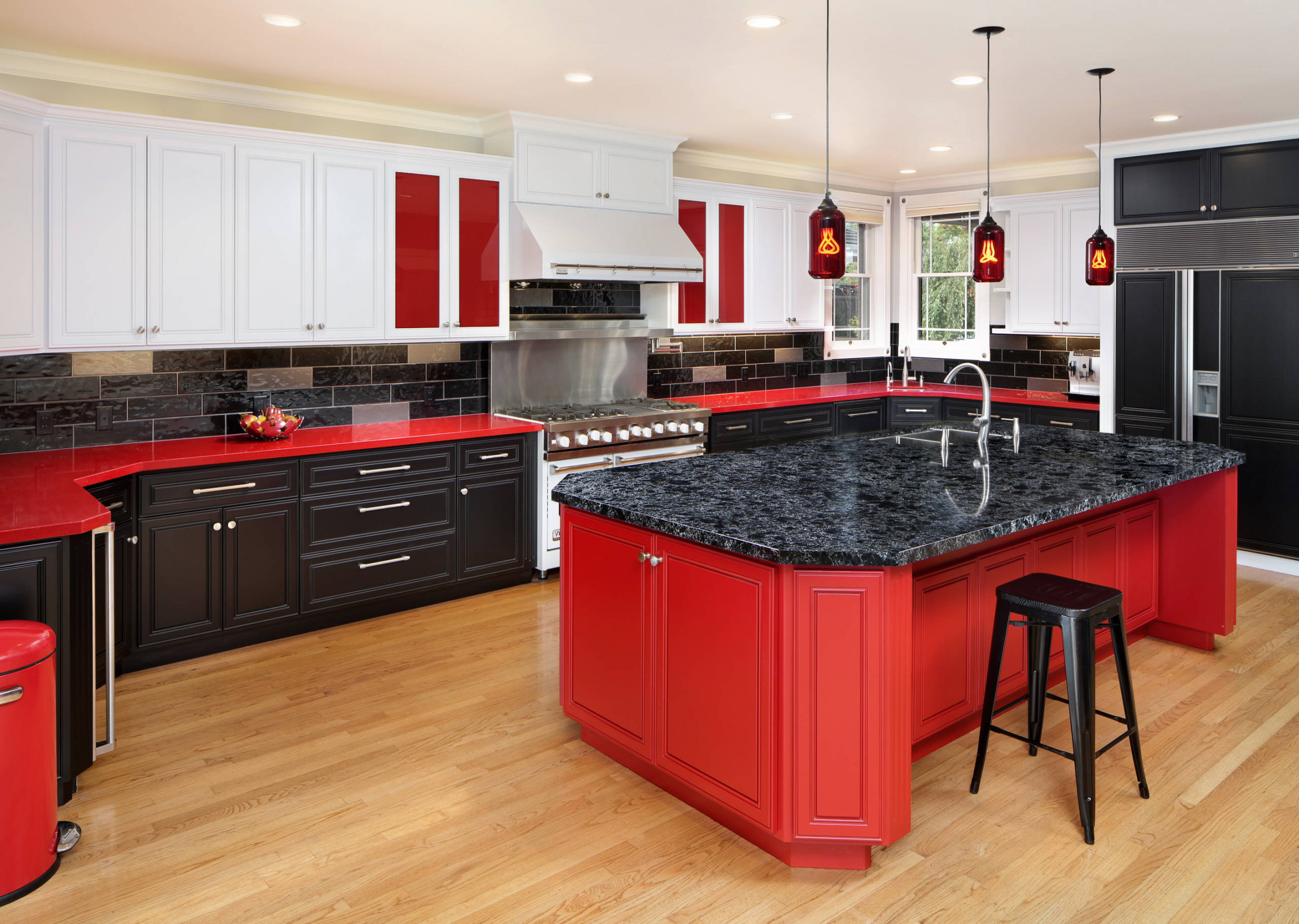 Kitchen with Red Cabinets and Black Backsplash Ideas You