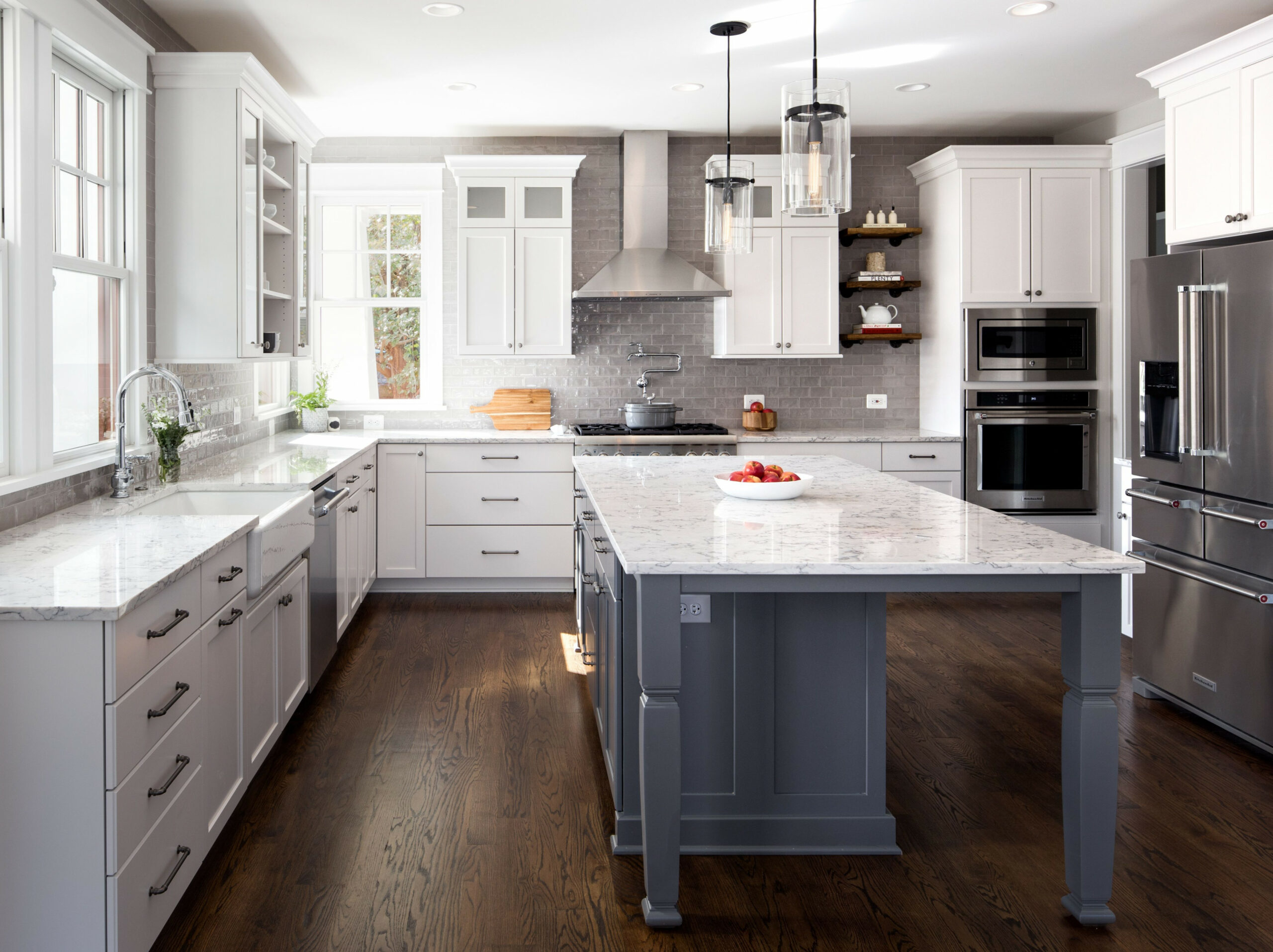 Modern Farmhouse Kitchen, White Cabinets, Gray Island, Gray and