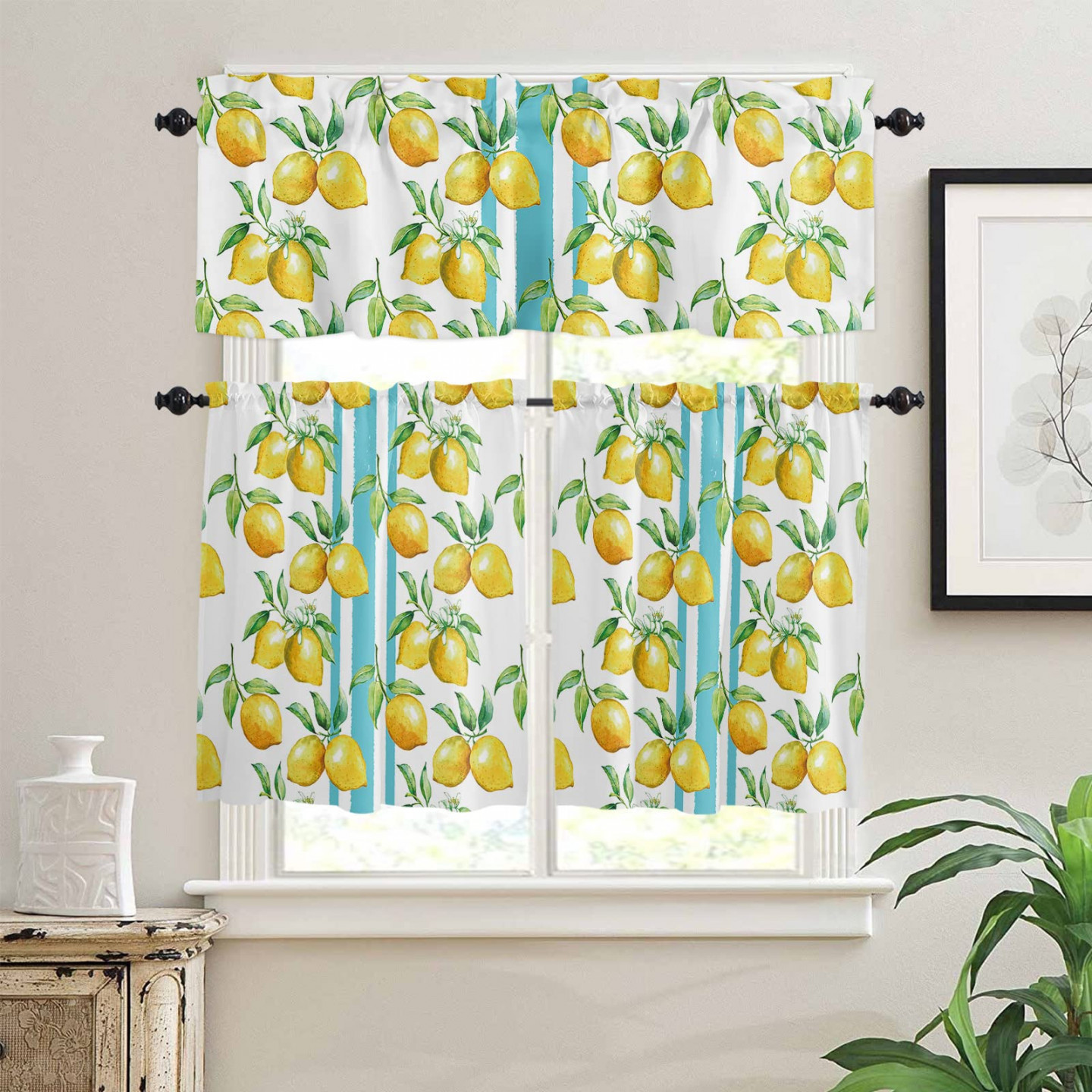 Piece Kitchen Curtains Tiers and Valances Set, Summer Cartoon Yellow  Fresh Lemon Fruit Blue Stripe Rod Pocket Short Window Treatment Tiers  Curtains