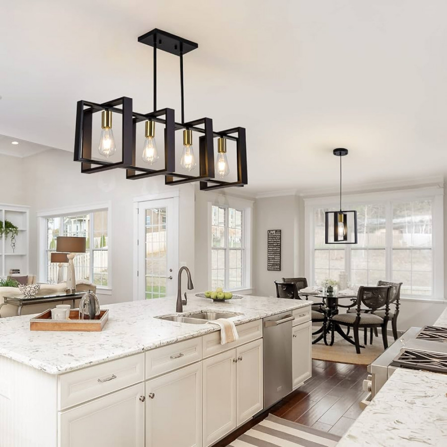 Poroulux Farmhouse Kitchen Island Lighting Black Chandeliers for Dining  Room Wooden Island Lights,Industrial Rectangle Light Fixtures Ceiling  Hanging