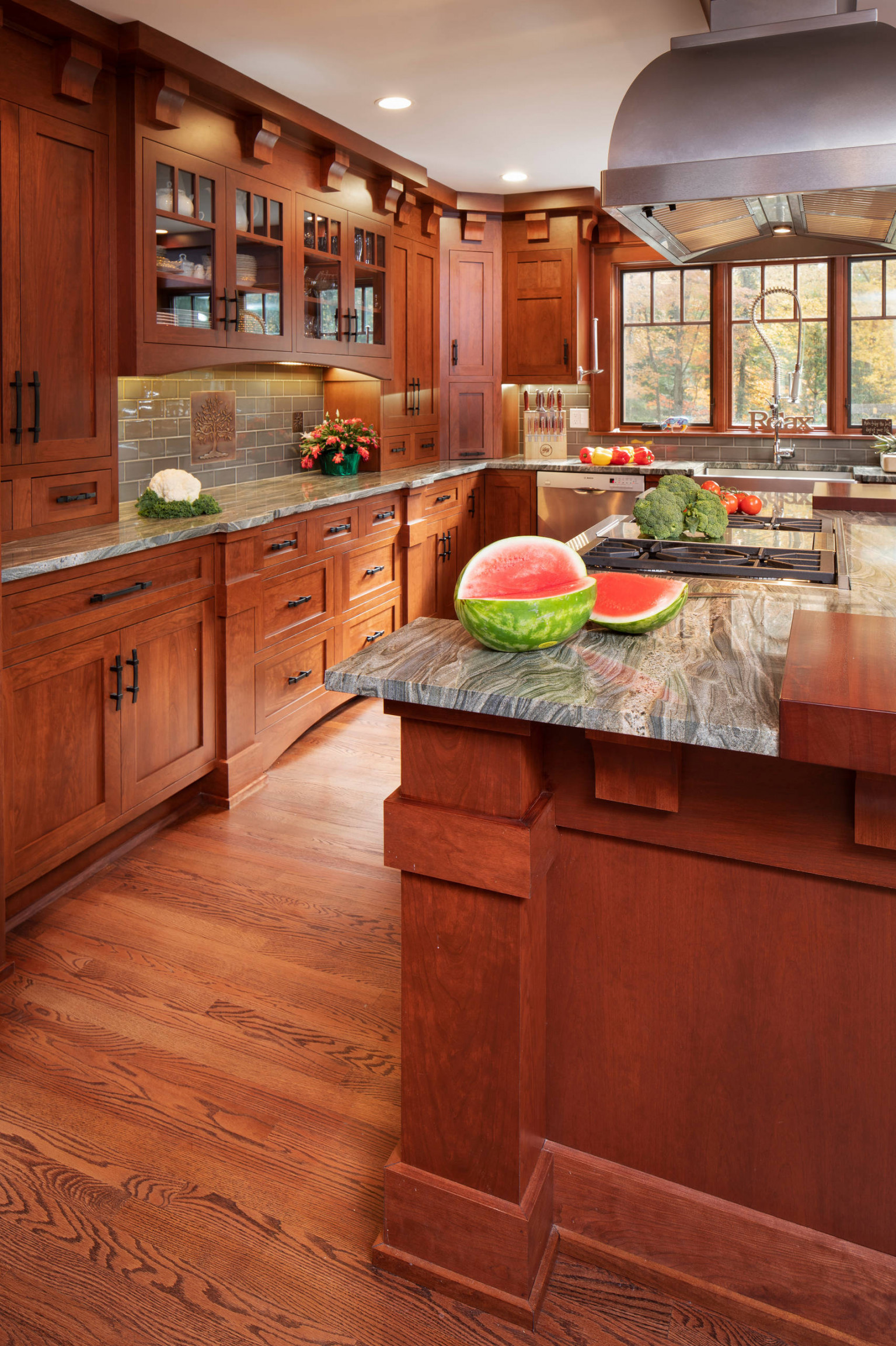 Red Kitchen with Medium Tone Wood Cabinets Ideas You