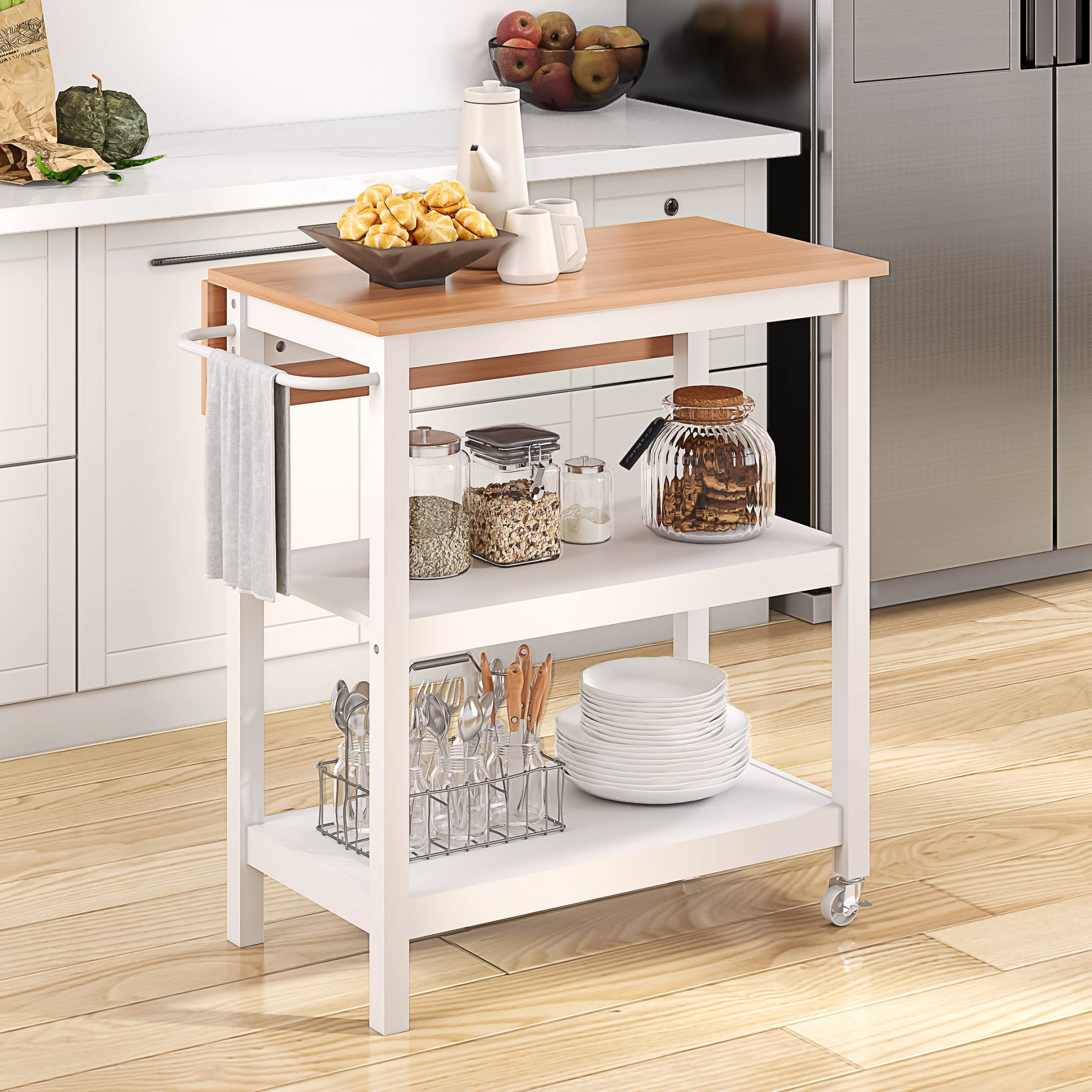 Spirich Home Kitchen Island Trolley on Wheels,  Tier Trolley with Storage  Space, Small Kitchen Island with Drop Leaf and Towel Rail for Dining Room,