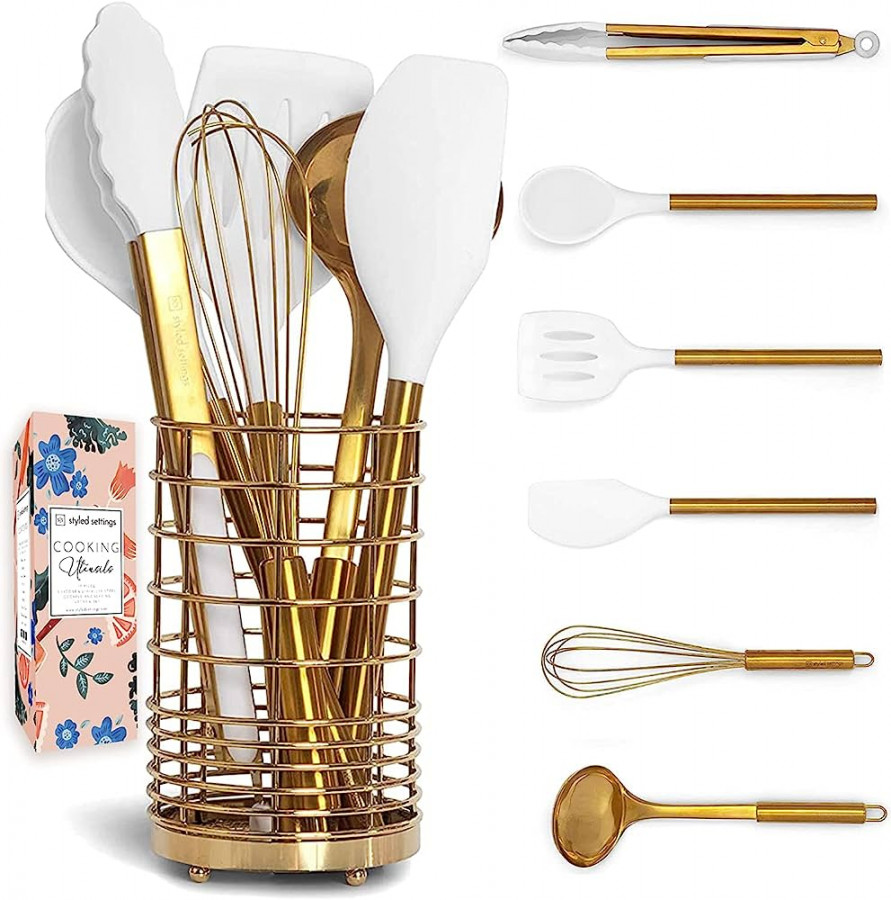 White Silicone and Gold Cooking Utensils Set with Gold Utensil Holder: PC  Set Includes White & Gold Measuring Cups and Spoons Set,White Utensils