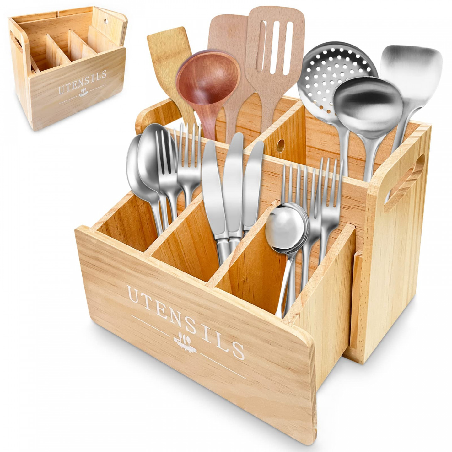 Yleric Kitchen Utensil Organizer for Countertop, Wooden Utensil Holder,   Compartments with Rails, The Dish Rack is Used to Store Knives, Forks,