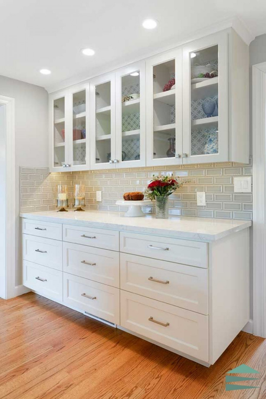 Classic White Cabinets with Glass Front Doors  Kitchen redesign