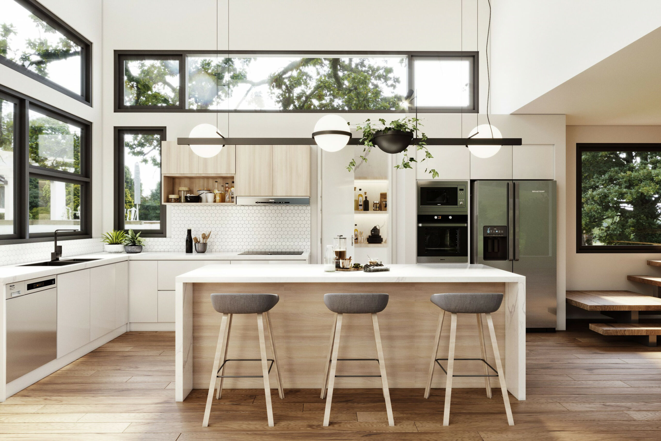 Corner Kitchen with Island in contemporary finger pull design