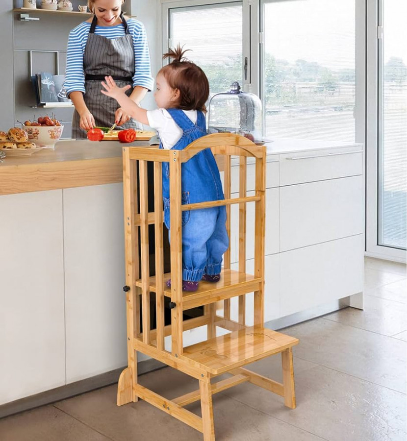 DORPU Kids Learning Step Stool Height Adjustable Toddler Kitchen Standing  Tower with Double Sided Art Board Natural