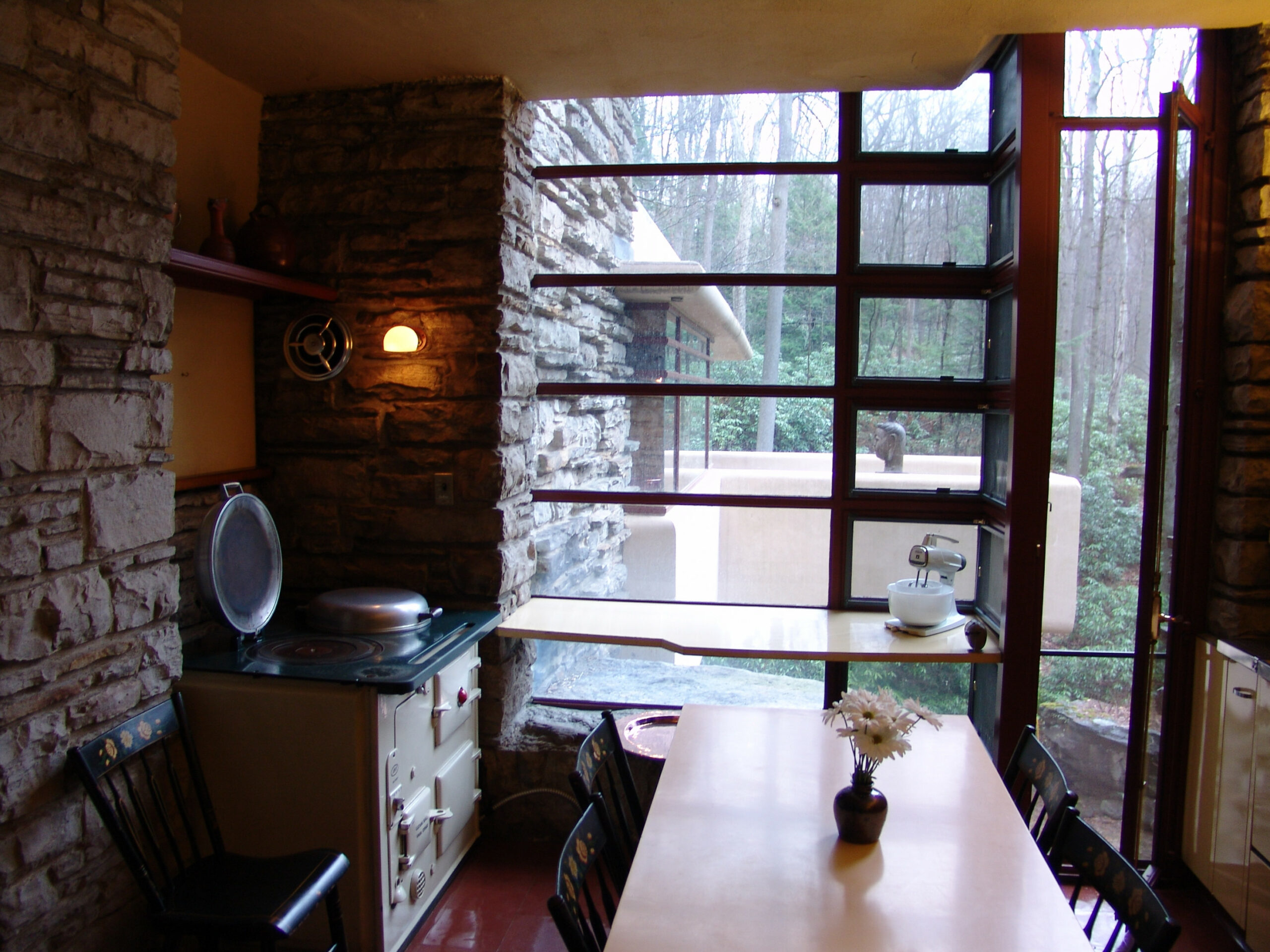 Fallingwater house kitchen table and stove, Frank Lloyd Wright