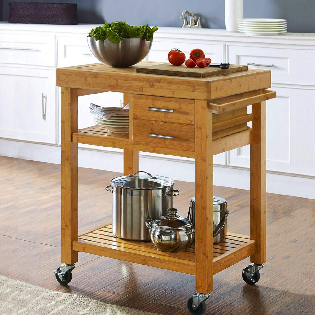 Home Aesthetics Bamboo Rolling Kitchen Island Cart, Butcher Block Food  Kitchen Prepping Cart Trolley on Wheels, Rolling Wood Kitchen Cart with  Drawers