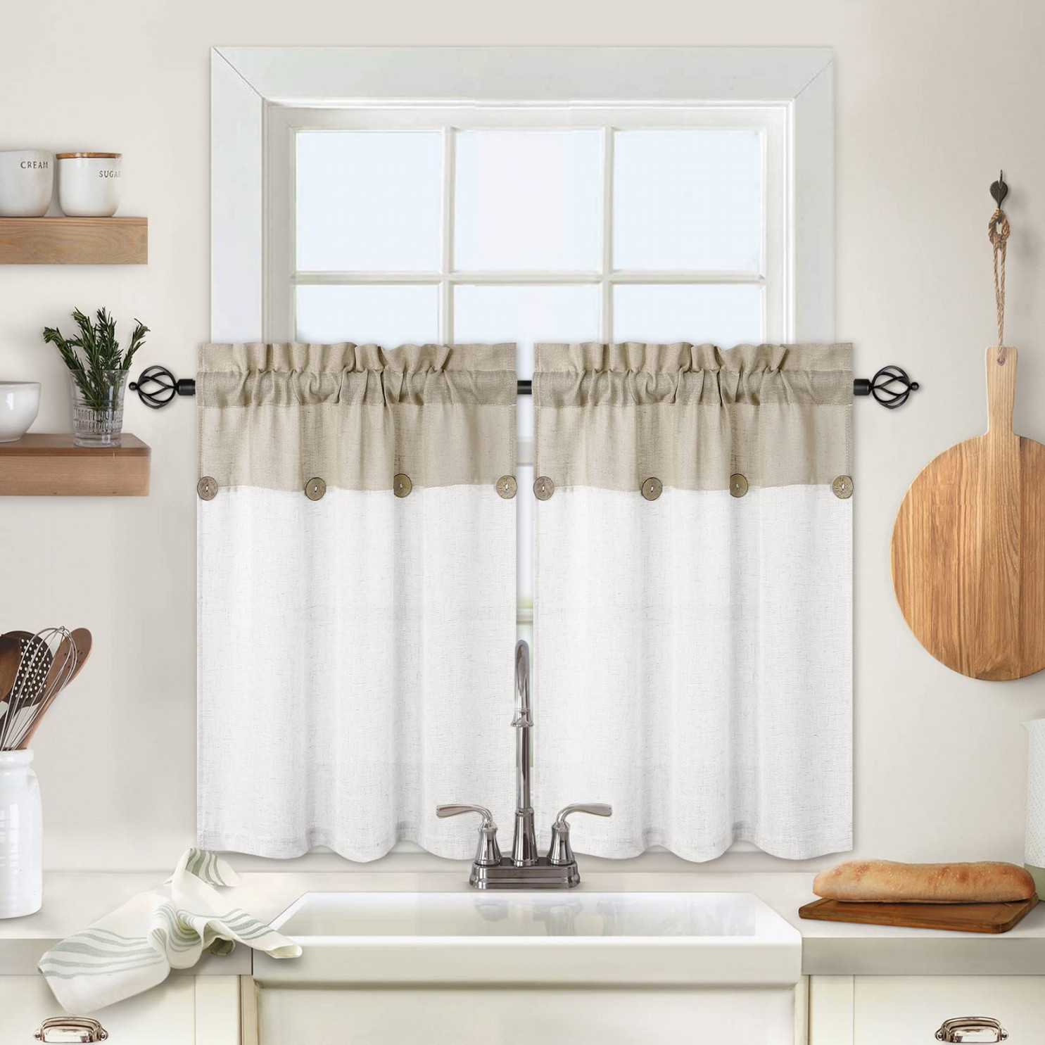 HOMERRY Kitchen Curtains Linen and White Striped Color Block Bathroom  Window Curtain " Farmhouse Linen Blend Boho Buttons Cafe Curtains Small