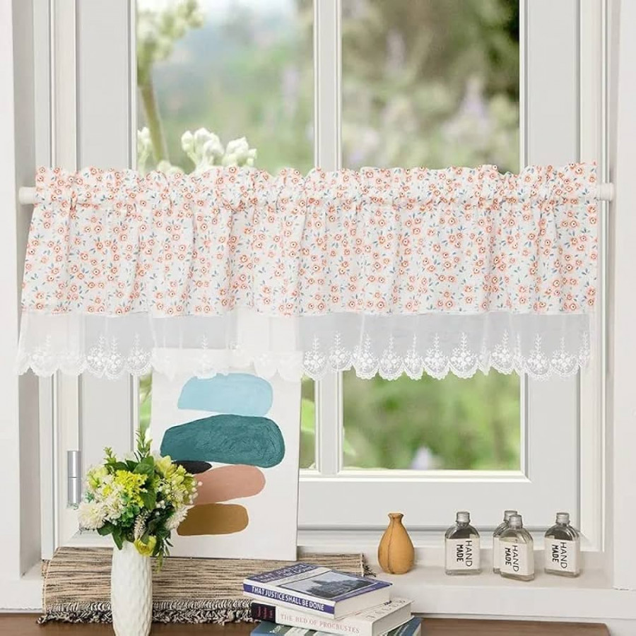 JLKC Bistro Curtain Panel Curtains & Short Blinds Voile Kitchen Short  Curtain Flowers Transparent Short Curtain Cafe Stores Curtain Short Curtain