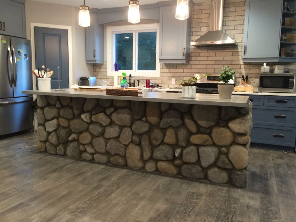 Kitchen island with River Rock  Stone kitchen island, Diy kitchen