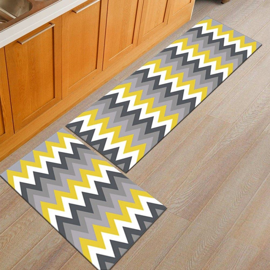 Kitchen Rug, L-Shaped -Piece Kitchen Mat and Runner Set / Modern Geometric  Zigzag Pattern in Yellow and White / Padded Waterproof Kitchen Rugs for