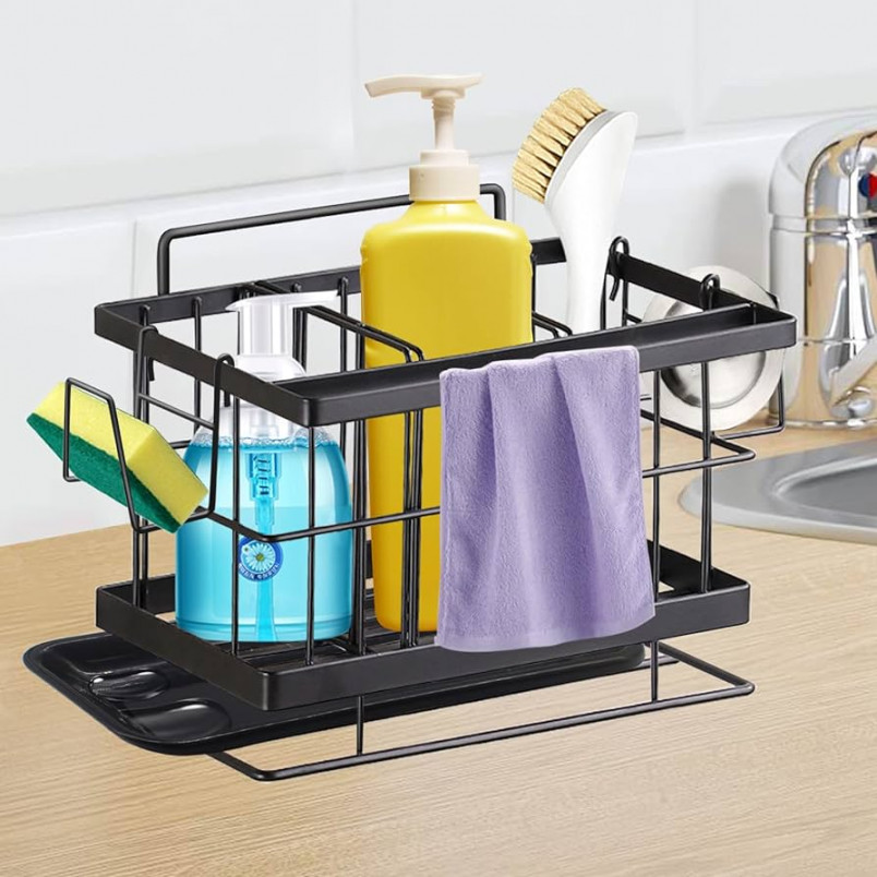 Kitchen Sink Sponge Holder with Removable Drip Tray,  Stainless Steel  Tidy Hanging Organizer Wall Mounted for Kitchen Accessories (Black)