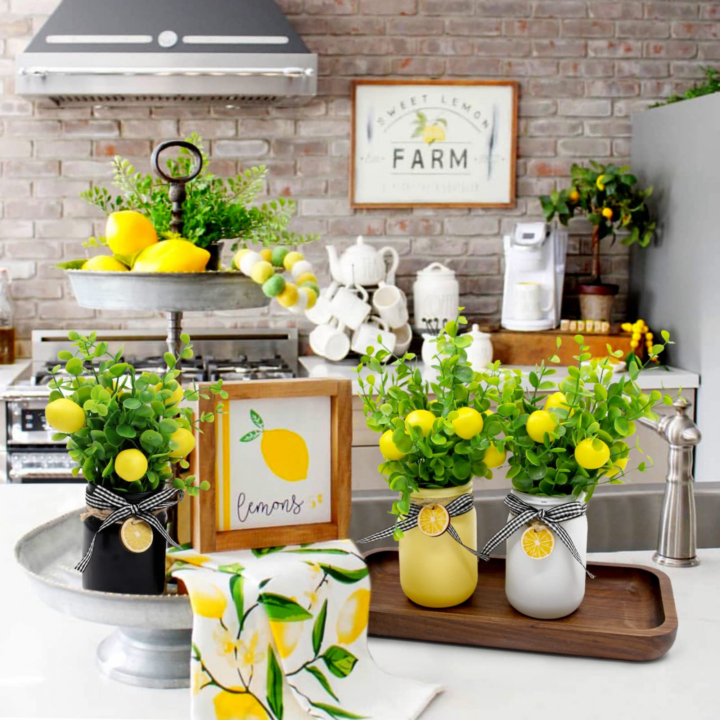 Lemon Mason Jar Table Centerpiece Artificial Lemon Kitchen Decor and  Accessories Lemon with Artificial Leaves Spring Summer Farmhouse Decor for  Home