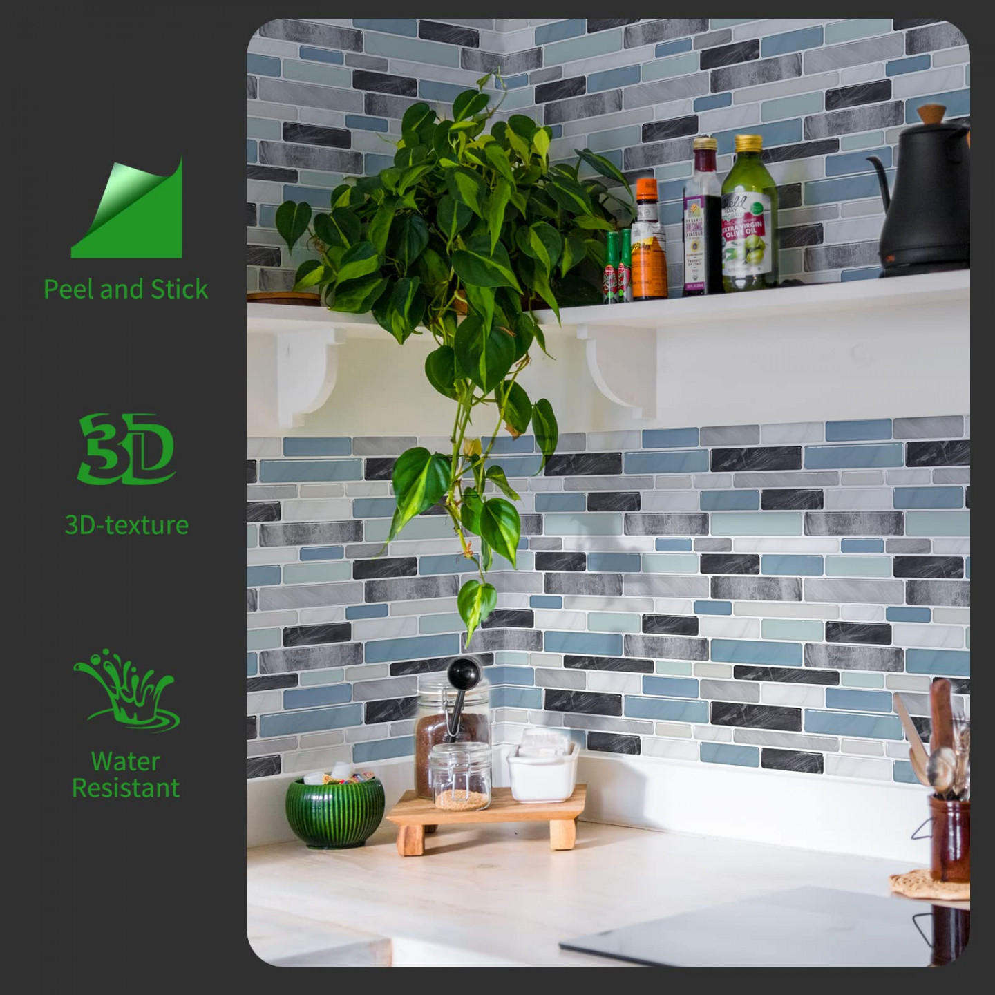 LONGKING Self-Adhesive Kitchen Backsplash, Marble Look Decorative Tiles (  Tiles)