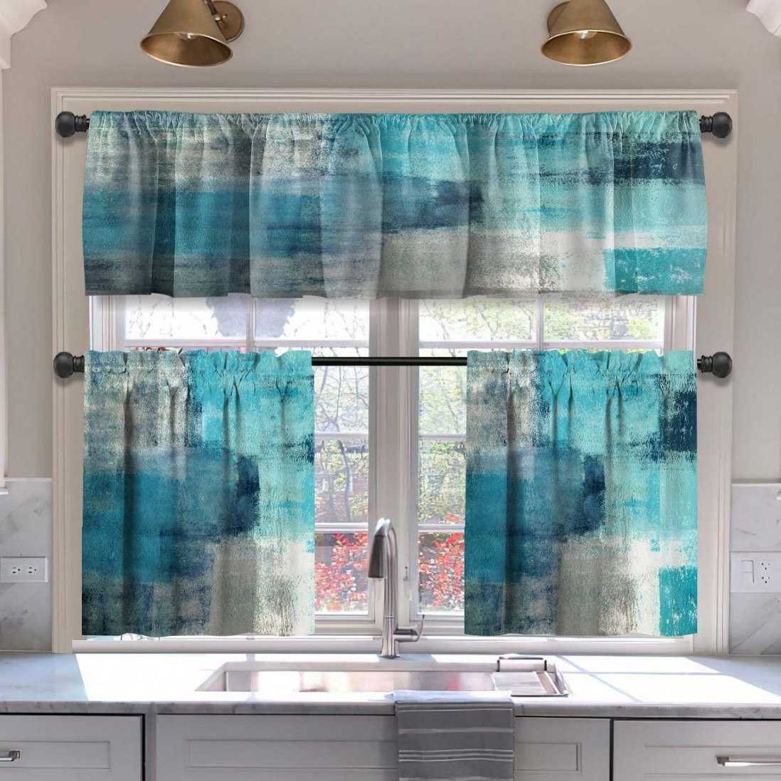 MCALK Turquoise Kitchen Curtains, Tiered and Valances  Piece Set Window  Grey Kitchen Window Curtains Set, Modern Abstract Art Valances for Living