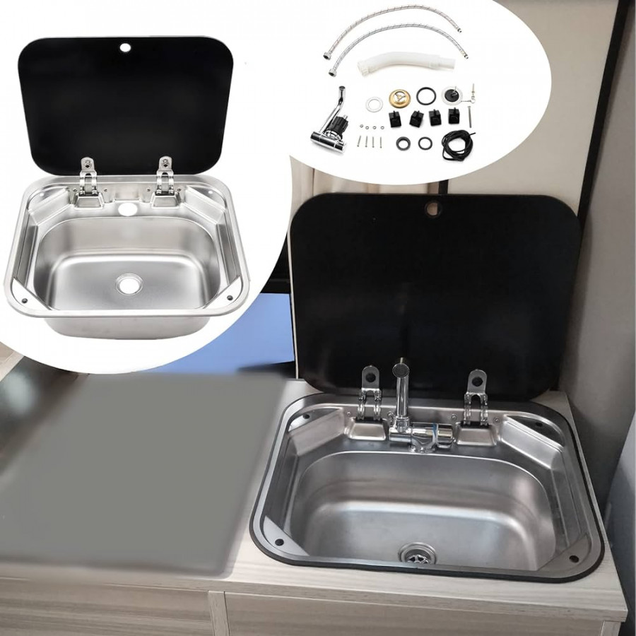 MOFANS RV Sink RV Kitchen Single Bowl RV Swivel Warm Cold Faucet with Lid  Fits Motorhome Caravan Motorhome Stainless Steel Sink