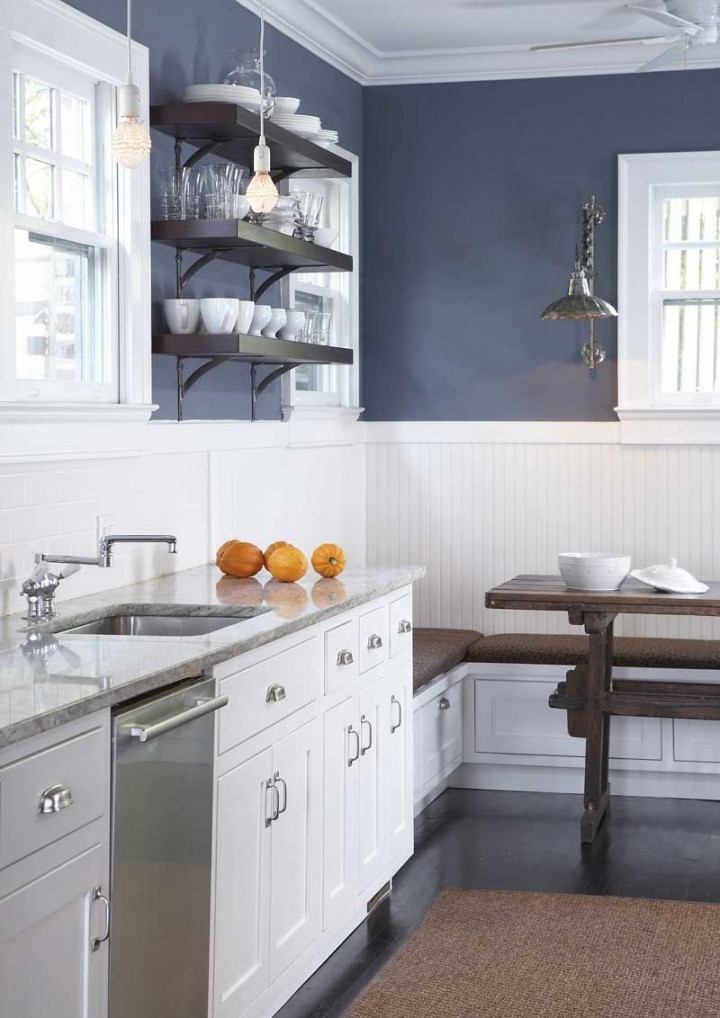 navy blue wall  Beadboard kitchen, Blue kitchen designs, Kitchen