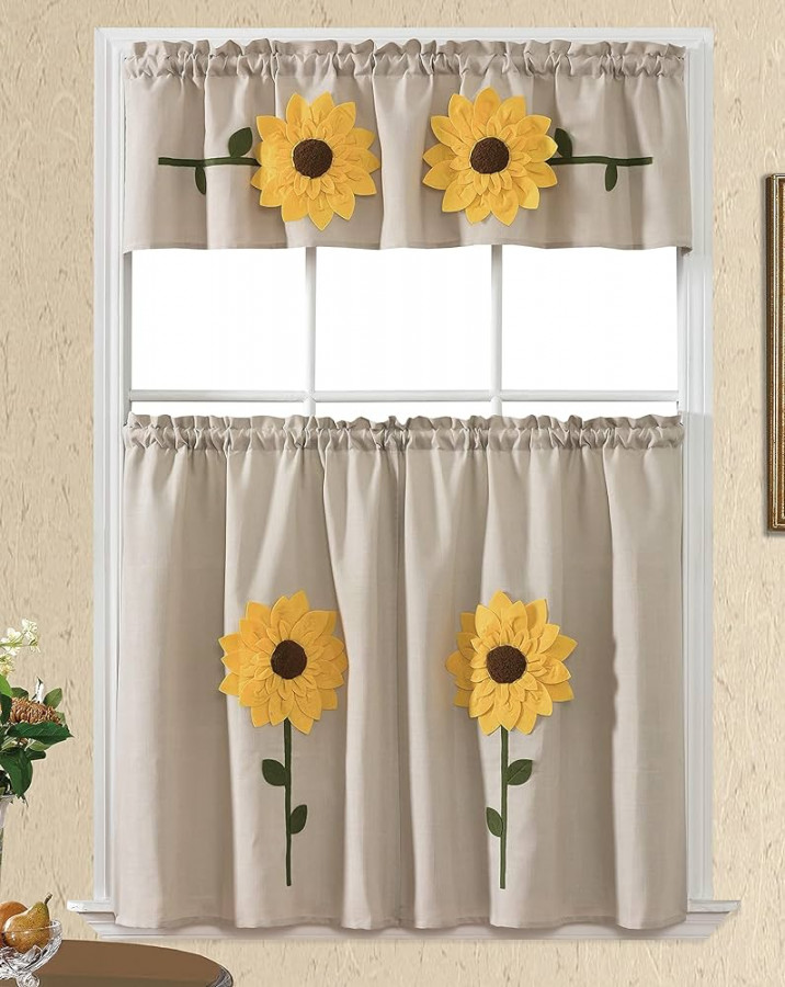 Piece Kitchen Cafe Curtain Set Valance Tier Sunflower Applique (D Yellow)