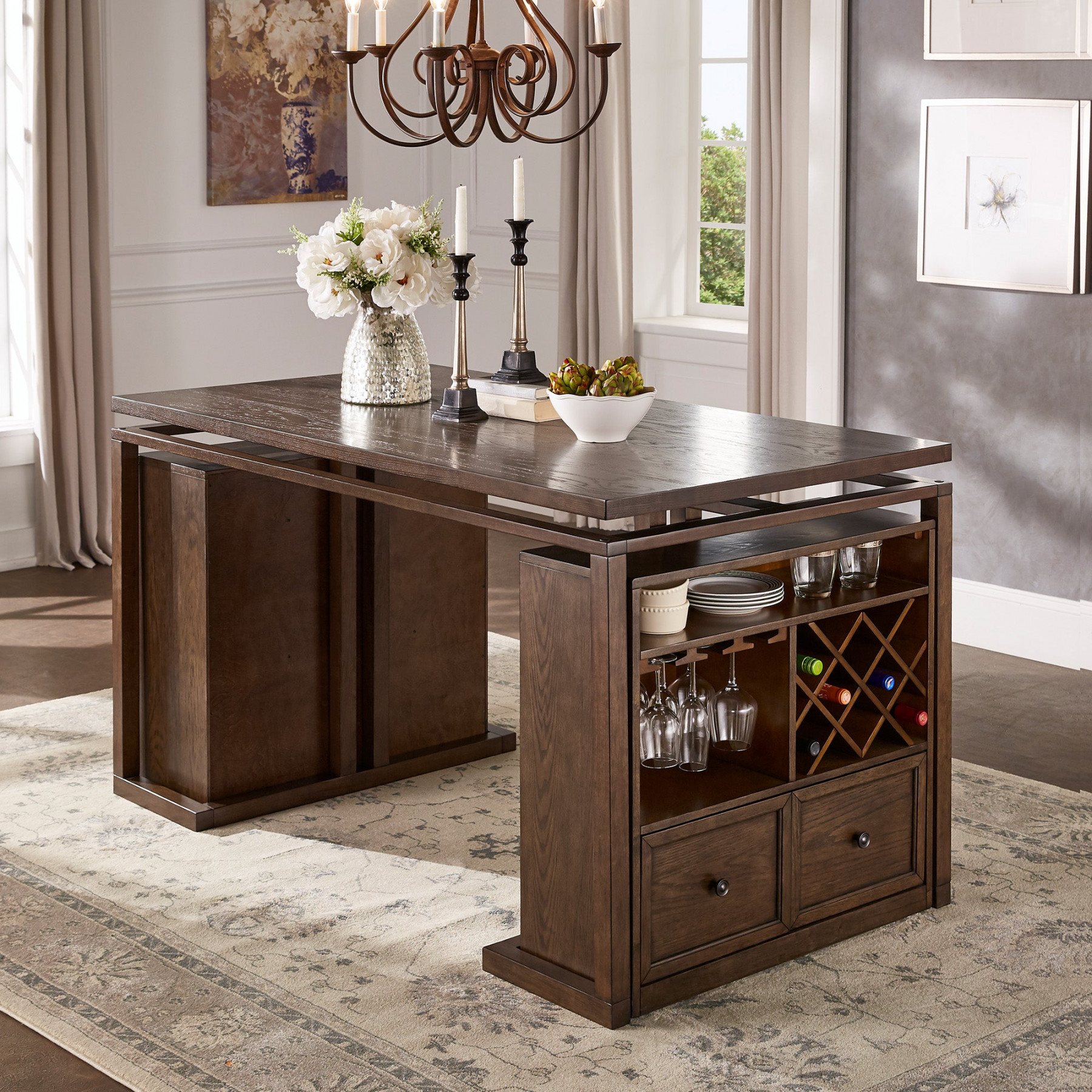 Rectangular Counter Height Dining Table - With Wine and Storage