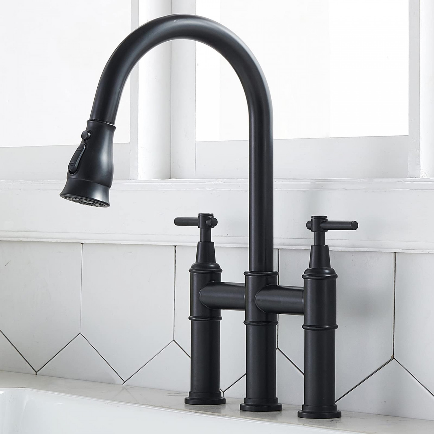 SHACO Black Bridge Kitchen Tap,  Holes Farmhouse Kitchen Tap with Pull Out  Spray Nozzle, Two Handles, High Arch, Traditional Country Herb Solid