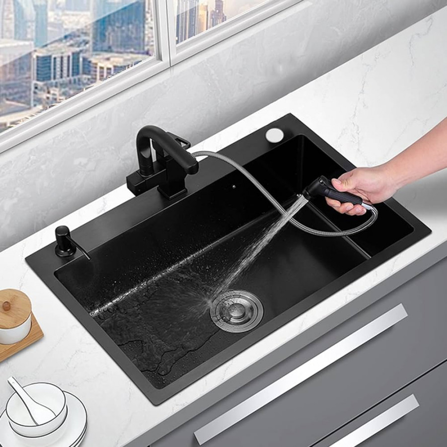 Stainless Steel Kitchen Sink with Counter Soap Dispenser and Tap with Two  Spray Guns (Colour: Nero, S:  x  x  cm)