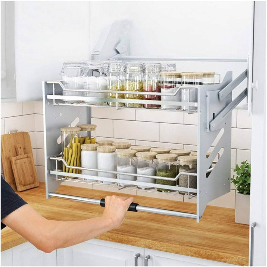 -Tier Kitchen Organiser Shelf, Pull-Down Spice Rack Made of Stainless  Steel for Cupboards, Stable and Easy to Install, Reasonable Use of High