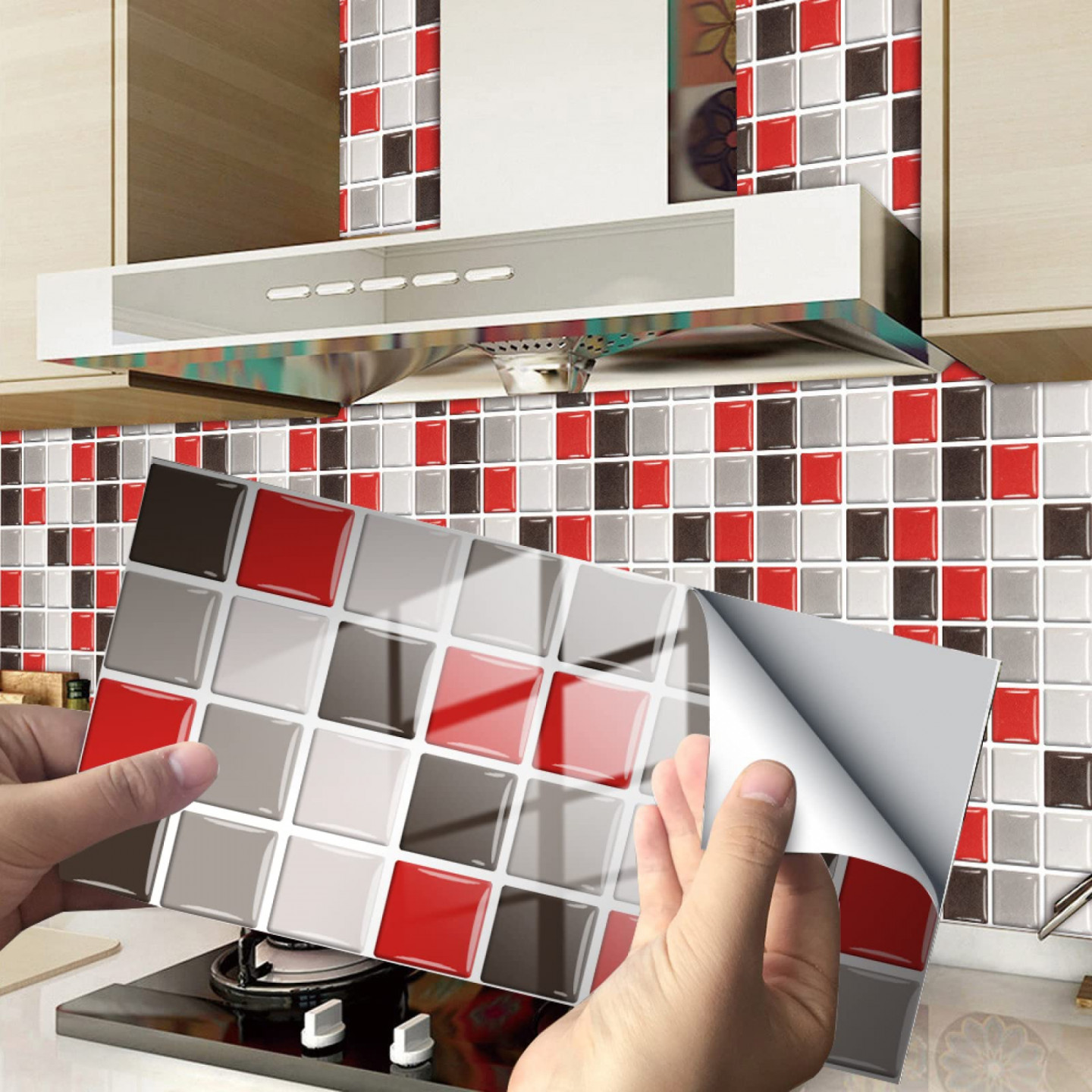 Tile Stickers Red Grey Mosaic Adhesive Tiles PVC Decorative Mosaic Tiles  Waterproof and Oil Resistant Kitchen Back Wall Tile Stickers Bathroom