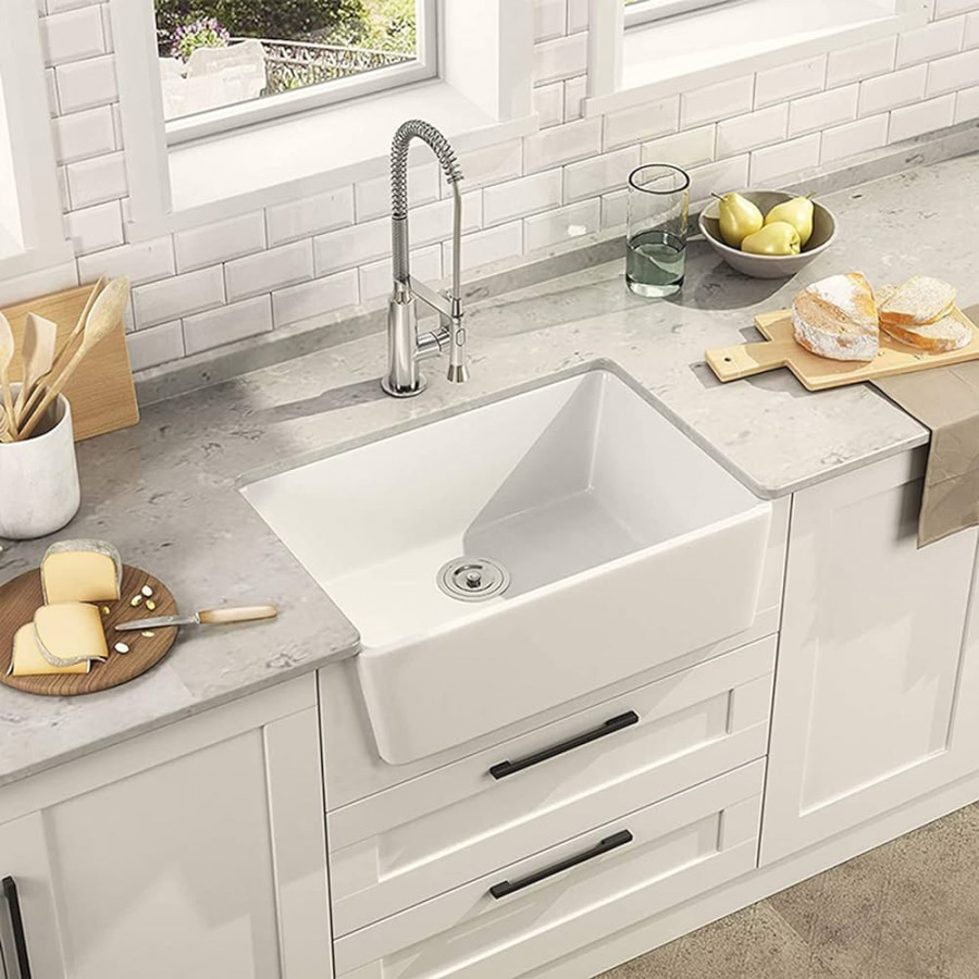 Undermount Kitchen Sink,  Inch White Ceramic Fireclay Farm Sink, Single  Bowl Kitchen Sink, European Design Country Farm Sink with Extendable Spring