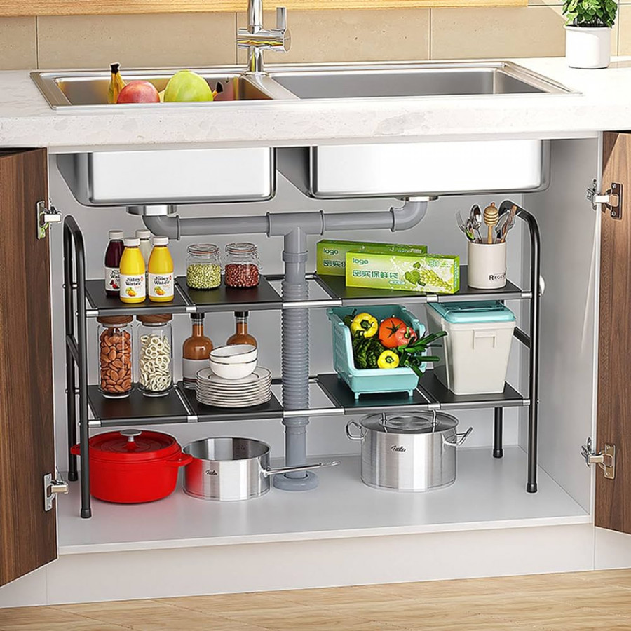 Undersink Storage Organiser, Extendable  Tier Sink Rack, Adjustable  Multifunctional Storage Rack for Kitchen, Bathroom