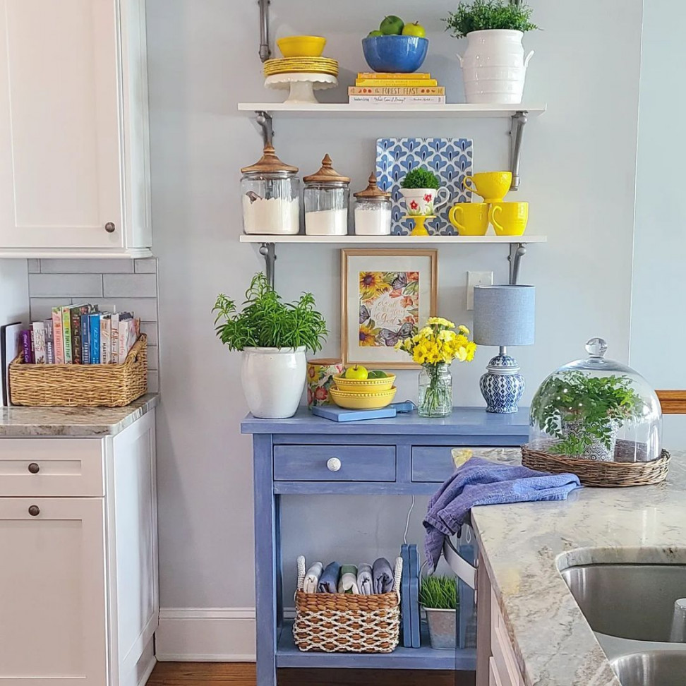 Yellow and Blue Kitchen Decor on White Floating Shelves in