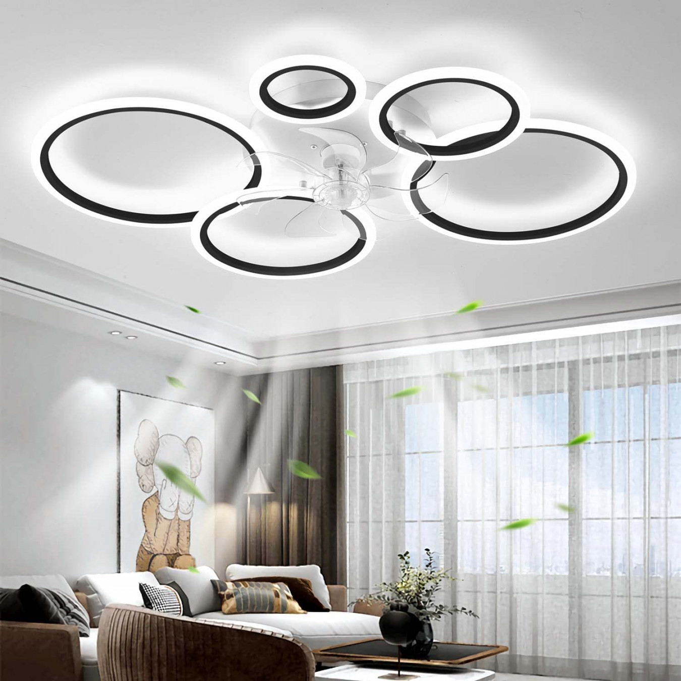 YUNZI Modern Ceiling Fan with Lighting, LED  W Dimmable Fan Ceiling  Light, Ceiling Fan Lamp for Living Area, Bedroom, Kitchen,  Speeds, Black,