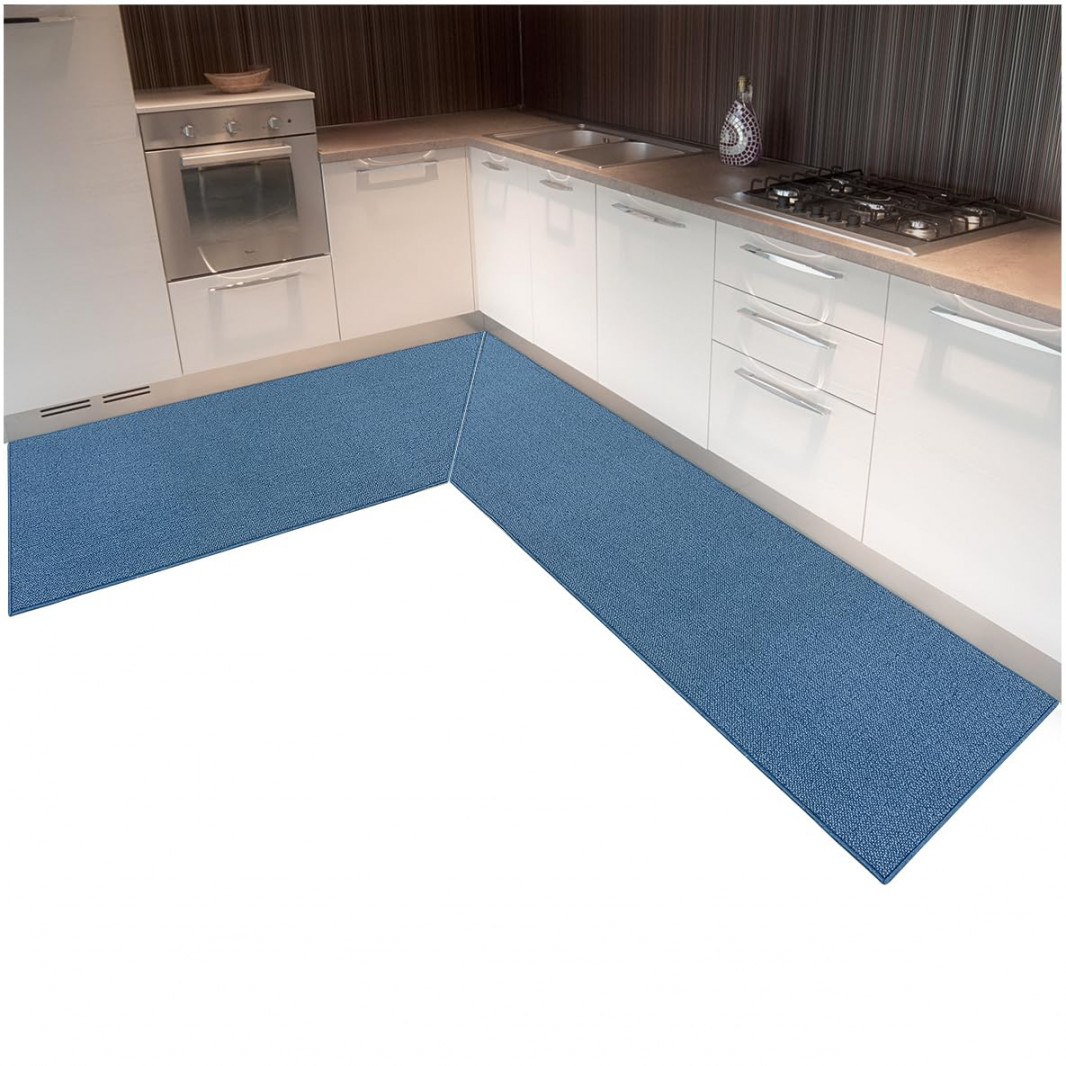 Alexa B Blue Corner Kitchen Rug with Flat Texture Edging and Non-Slip  Backing