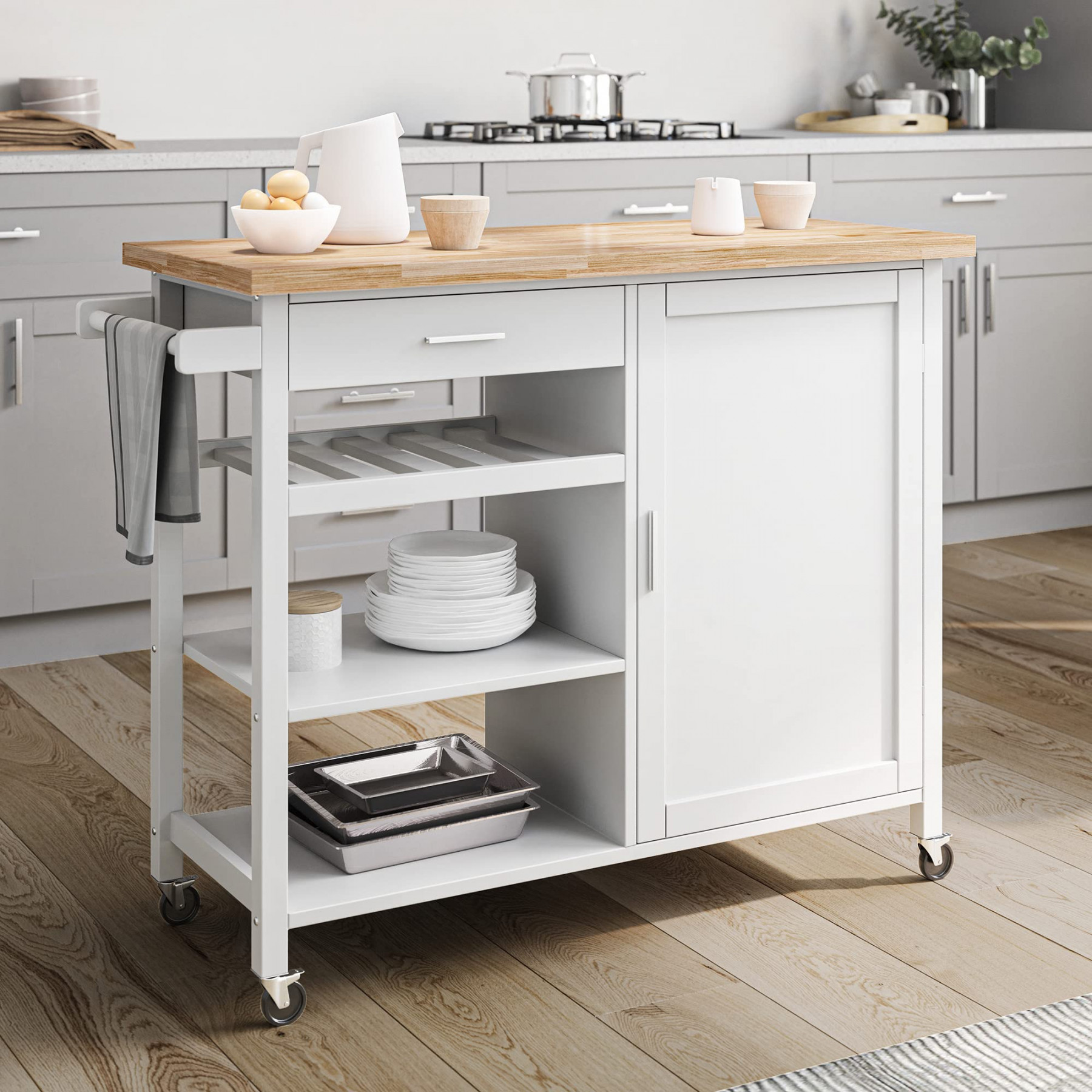 BELLEZE Modern Rolling Kitchen Island Utility Cart with a Drawer, Storage  Cabinet, Handle Towel Rack, Rubber Wood Top, and Caster Wheels - Sonoma