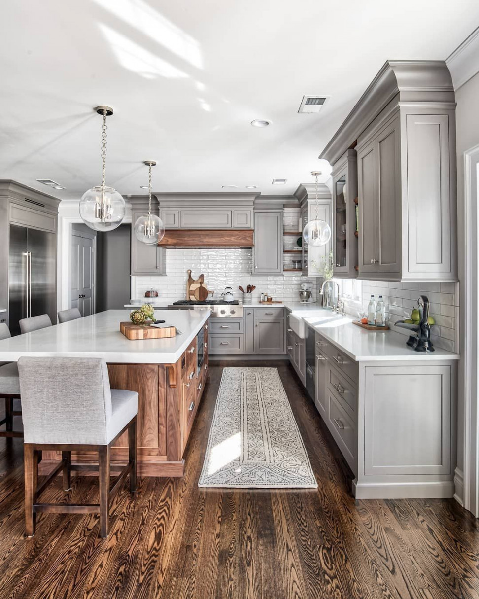 Brown, white and gray kitchen